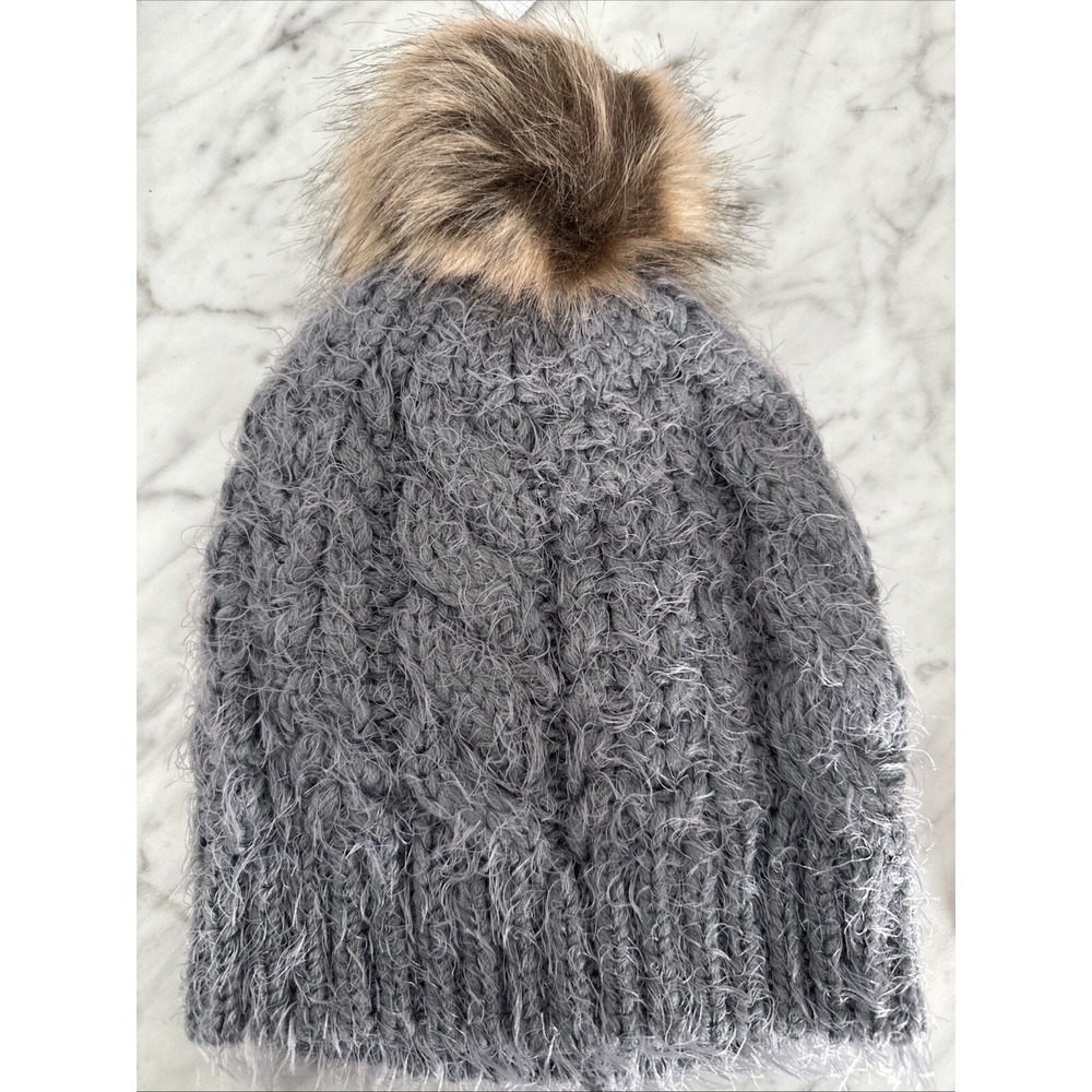 Women Winter Warm Dark Gray Cashmere Wool Knitted Fur Pom Pom Ball Beanie Hat